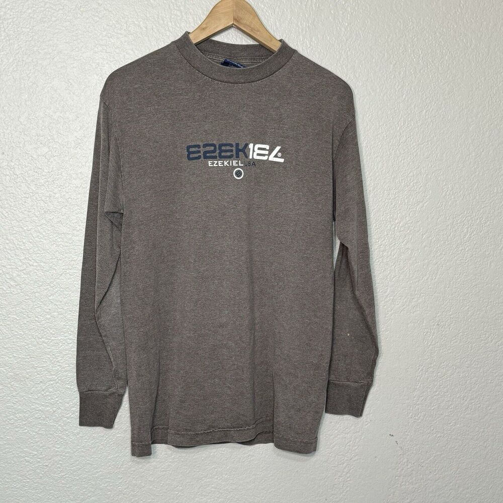 Ezekiel T Shirt Men M Brown VTG Crewneck Long Sleeve Logo Worn 90s Skater Grunge